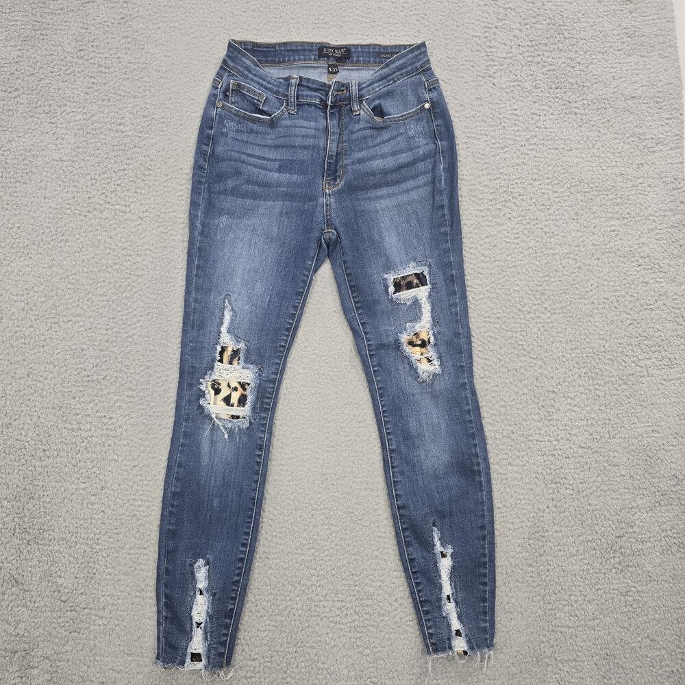 Judy Blue Jeans 7 / 27 Leopard Patch High Rise Ripped Skinny Raw Hem JB82166DK